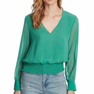 1.State Smocked Waist V Neck Blouse Top Green Size M
